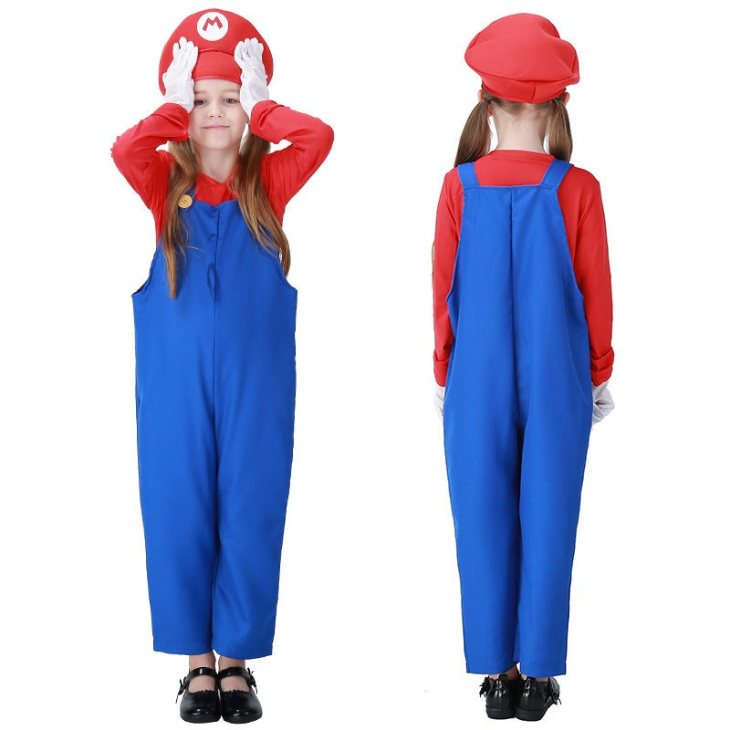 Adult Halloween Mario Cosplay Costume – Plumber Overalls Group Stage Performance Outfit