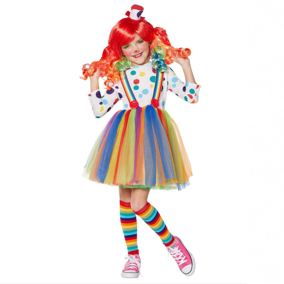Halloween Children's Circus Creepy Clown Costume Girls Polka Dot Rainbow Dress Set