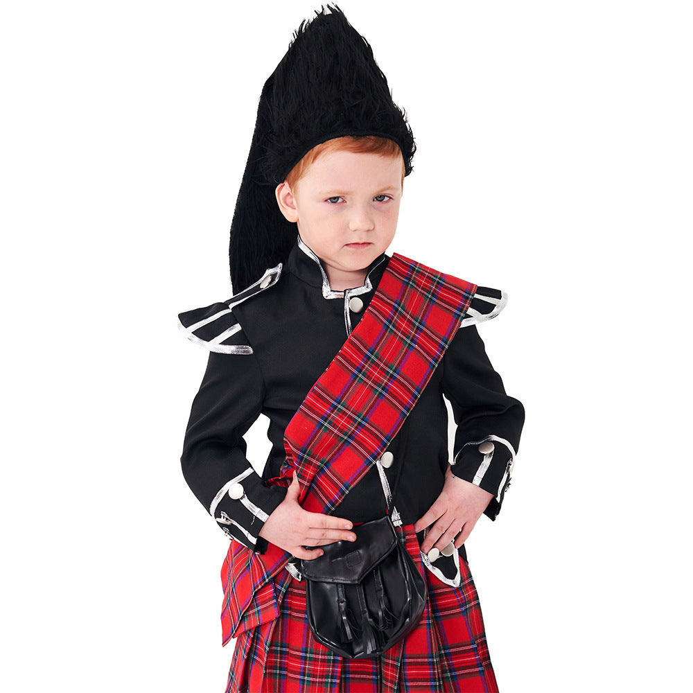 Children's Scottish Style Outfit Boys Plaid Skirt Vintage Clothing Halloween Stage Costume Party Wear