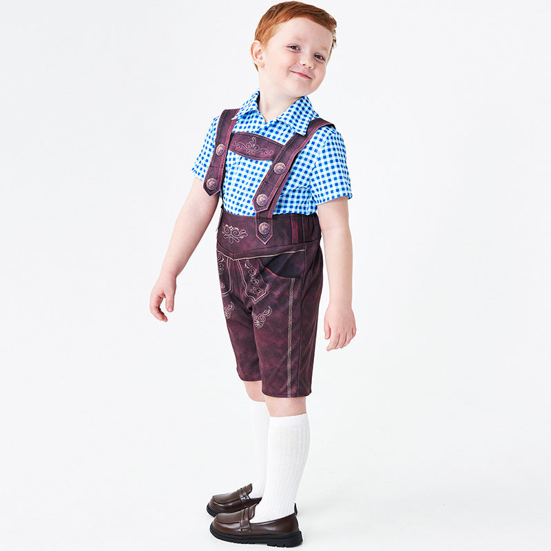 Halloween Costume for Boys, Three-Color Beer Outfit, Overalls with Plaid Shirt Set,Matching Socks