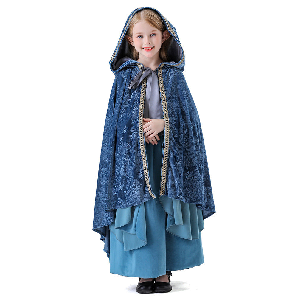 Halloween Children's Elf Princess Costume Dress with Cape Set Medieval Court Gown