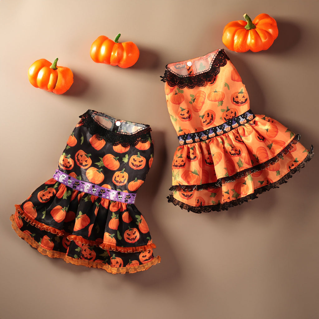 Halloween Pet Dog Dress for Medium and Small Dogs, Pumpkin Lace Skirt