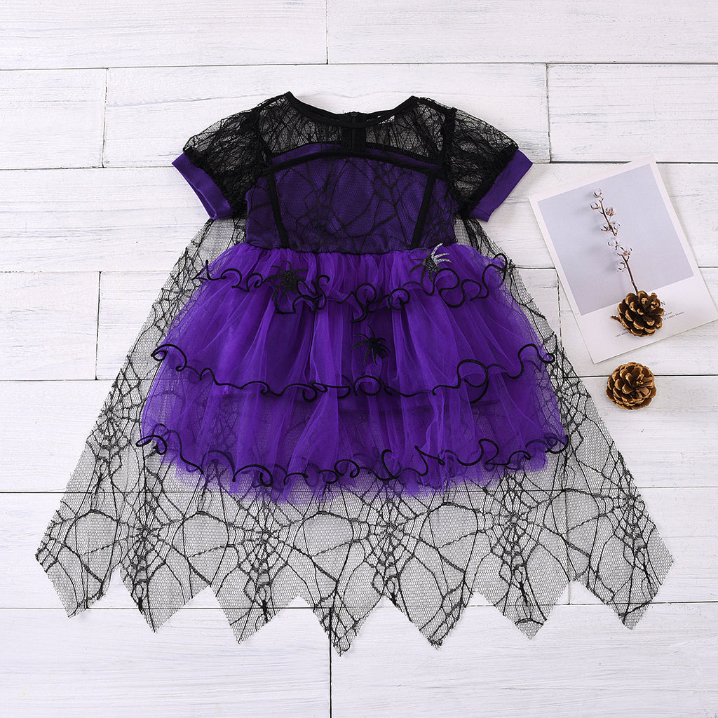 Girls' Halloween Party Dress Purple Yellow Tulle Cake Sleeve Cape Dress Princess Dress