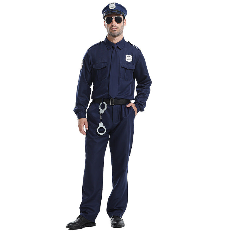 Halloween Party Costume Men's Police Hero Role Play Security Officer Uniform Set Detective Long Sleeve Shirt