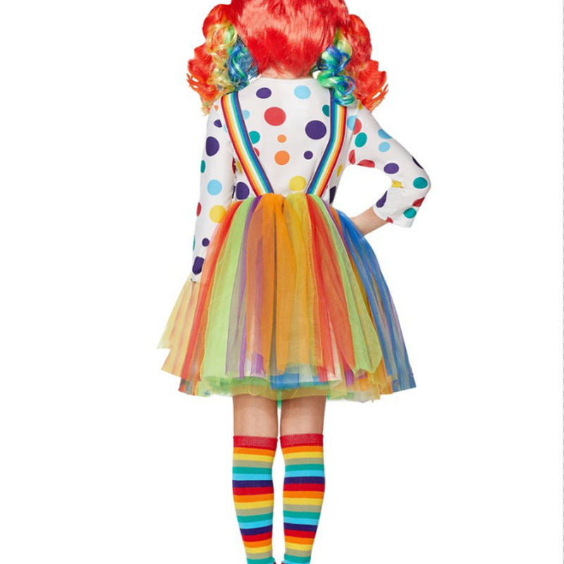 Halloween Children's Circus Creepy Clown Costume Girls Polka Dot Rainbow Dress Set