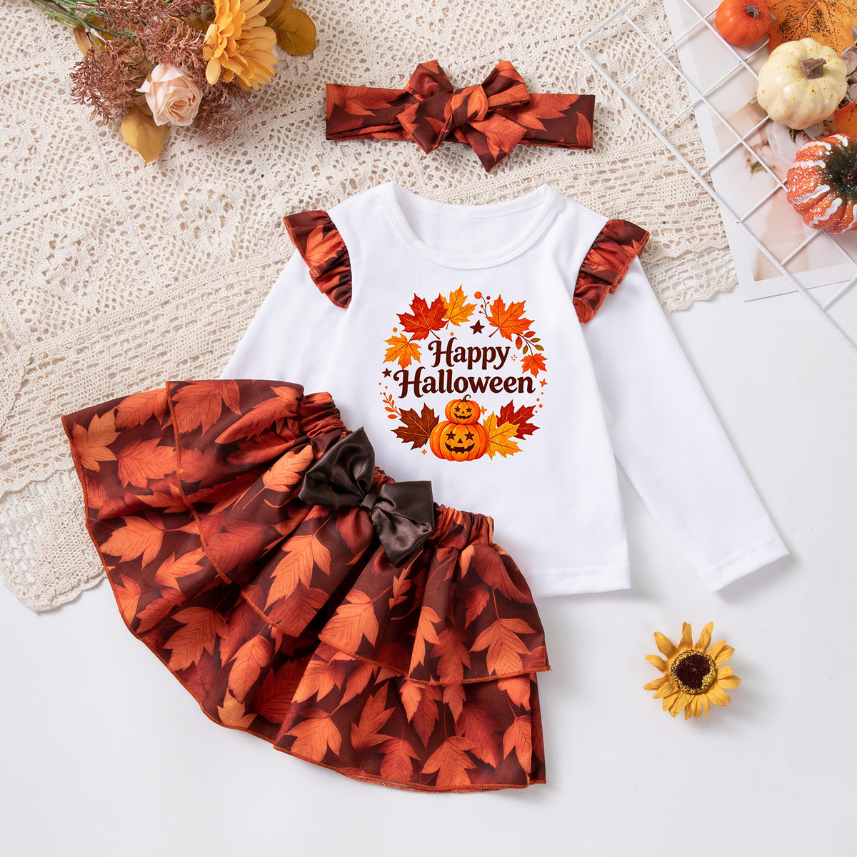 Halloween Theme Girls' Long Sleeve T-Shirt, Skirt Set, 3-Piece Festival Outfit