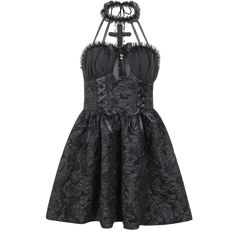 Women's Halloween Gothic Puff Sleeve Dress – Pleated Cross Neckline Solid Color Style