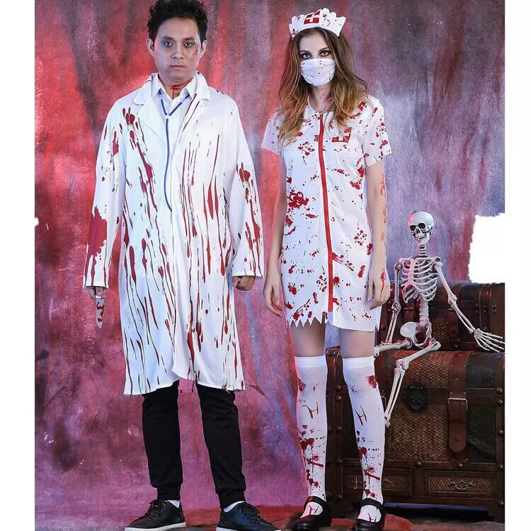 Halloween Horror Bloody Nurse Costume Zombie Adult Women's Doctor Outfit Couple