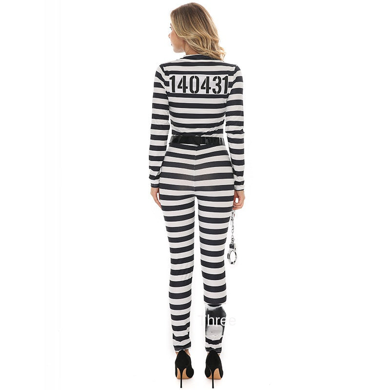 Halloween Adult Black and White Prisoner Costume Women's Prison Outfit with Handcuffs Stage Play Prison Uniform Criminal Clothing
