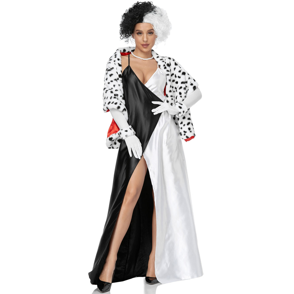 Halloween Costume: Black and White Witch Costume Cruella D'Evil Dalmatian Stage Performance Outfit