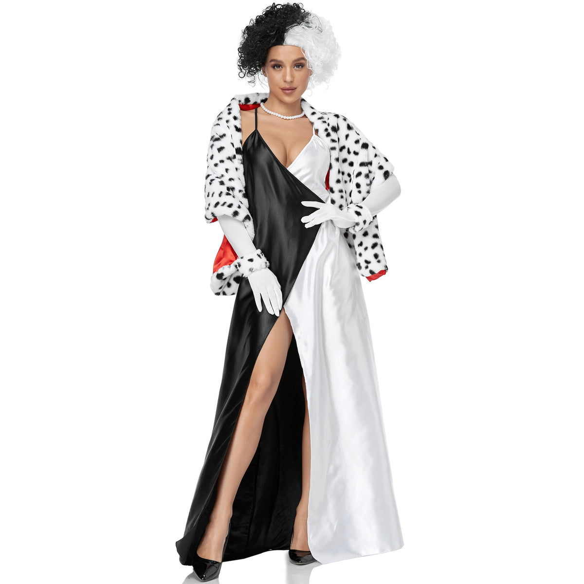 Halloween Costume: Black and White Witch Costume Cruella D'Evil Dalmatian Stage Performance Outfit