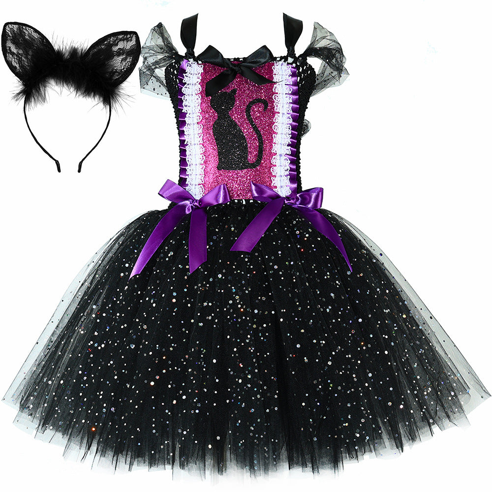 Halloween Costume Children's Cat Dress Sequin Black Cat Tutu Dress Girls Tulle Puffy Dress Kids Clothing