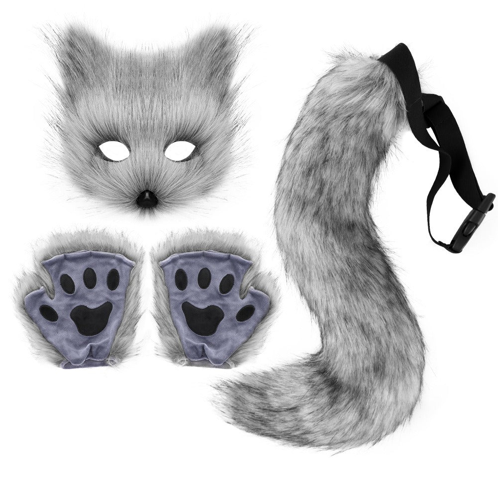 Halloween Fox Cosplay Accessory Set – Simulation Mask Gloves and Plush Fox Tail Props
