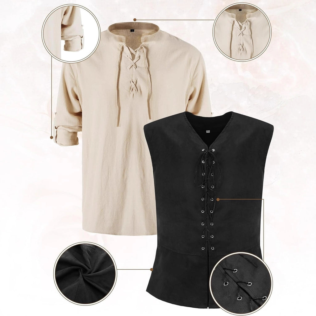 7-Piece Halloween Men's Renaissance Costume Set Medieval Pirate Shirt Ankle Band Pants