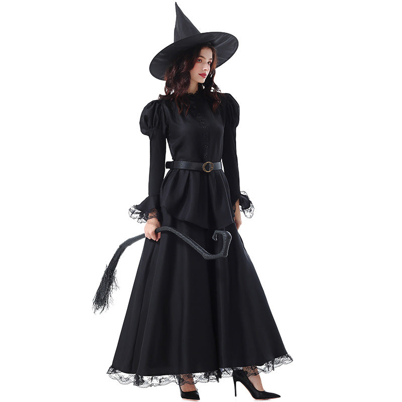 Halloween Costume Party Movie Character Performance Dress Witch Black Elegant Lace Witch Long Dress Magician