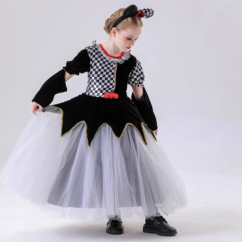 Children's Halloween Costume, Girl's Clown Plaid Dress for Carnival Party and Performance