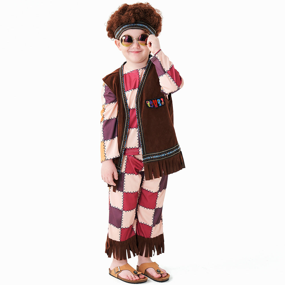 Halloween Kids Costume Vintage Plaid 70s Hippie Hip Hop Model Catwalk Performance Outfit