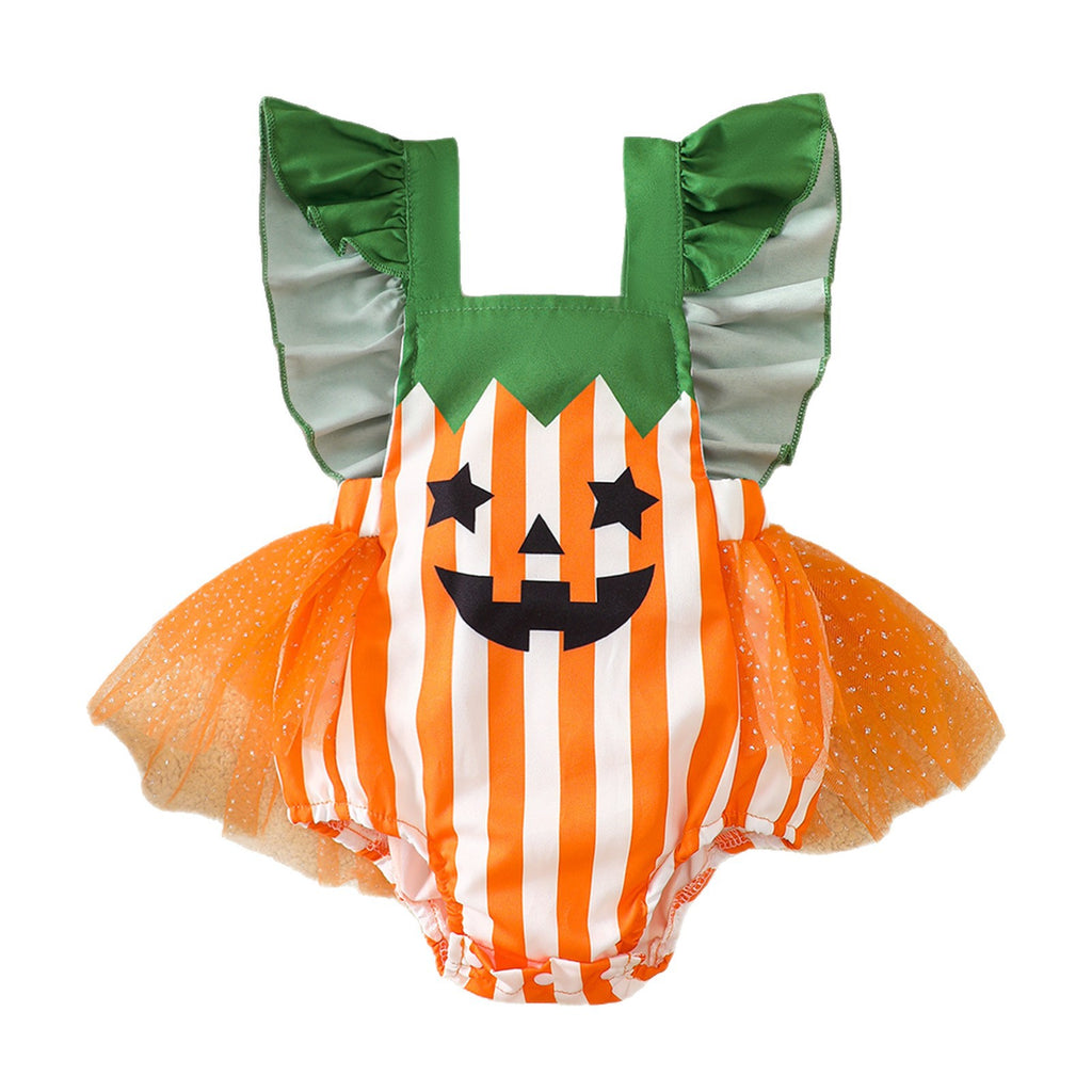 Infant Halloween Pumpkin Romper Baby Girl Striped Mesh Onesie Newborn Costume Crawler Suit