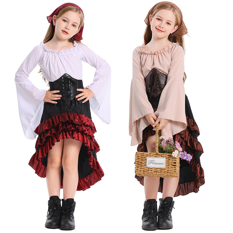 Halloween Costume Parent-Child Style Ruffled Medieval Girls' Clothing Front Short Back Long Performance Dress