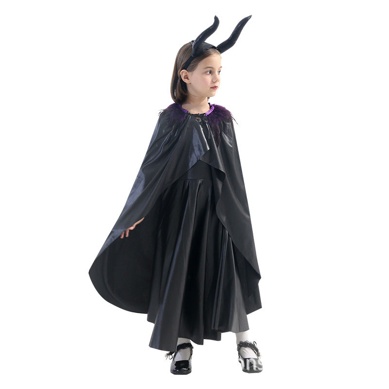 Halloween Kids Girls Black Magic Cape Movie Character Maleficent Costume Parent-Child Matching Performance Outfit