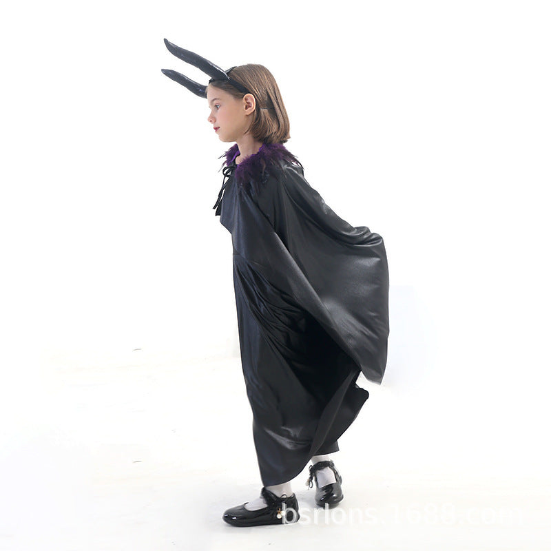 Halloween Kids Girls Black Magic Cape Movie Character Maleficent Costume Parent-Child Matching Performance Outfit