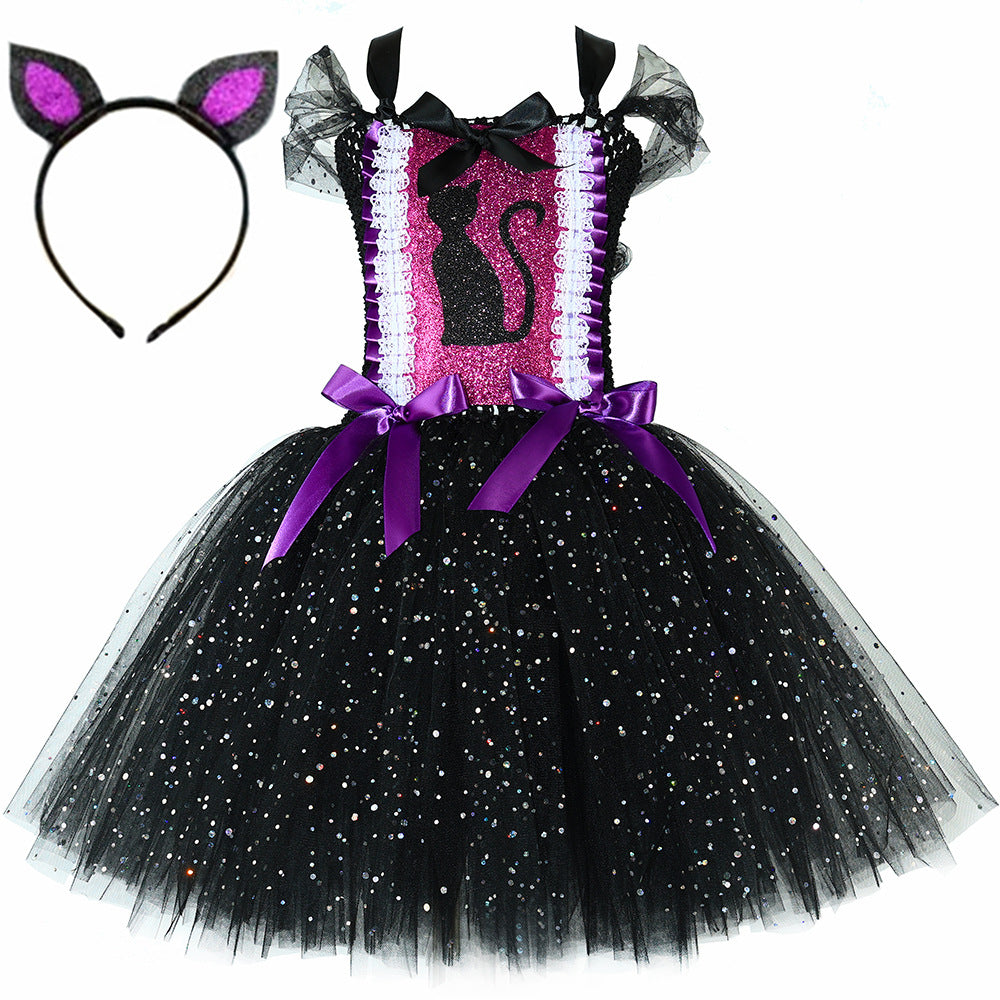 Halloween Costume Children's Cat Dress Sequin Black Cat Tutu Dress Girls Tulle Puffy Dress Kids Clothing