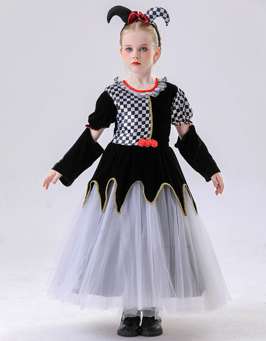 Children's Halloween Costume, Girl's Clown Plaid Dress for Carnival Party and Performance