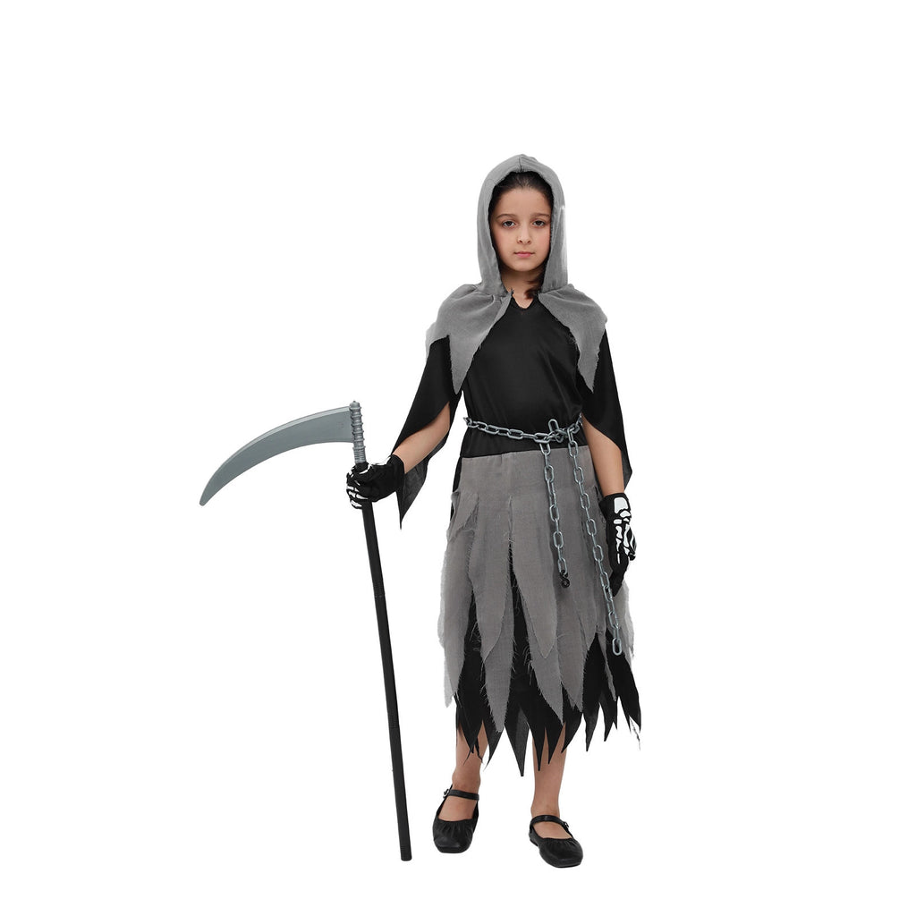 Horror Grim Reaper Cosplay Costume for Kids, Halloween Monster Outfit with Scythe