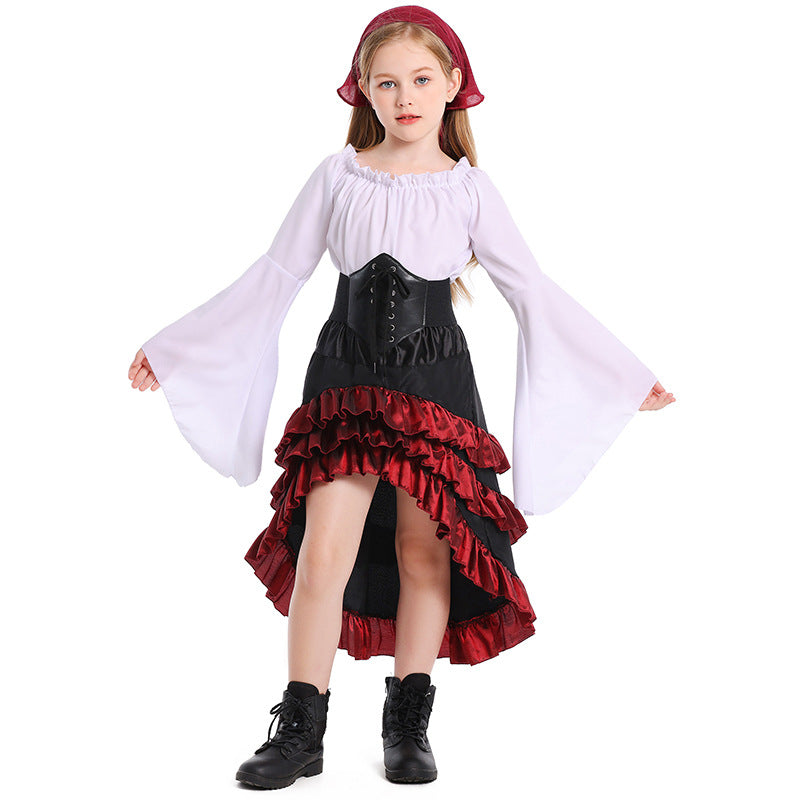 Halloween Costume Parent-Child Style Ruffled Medieval Girls' Clothing Front Short Back Long Performance Dress