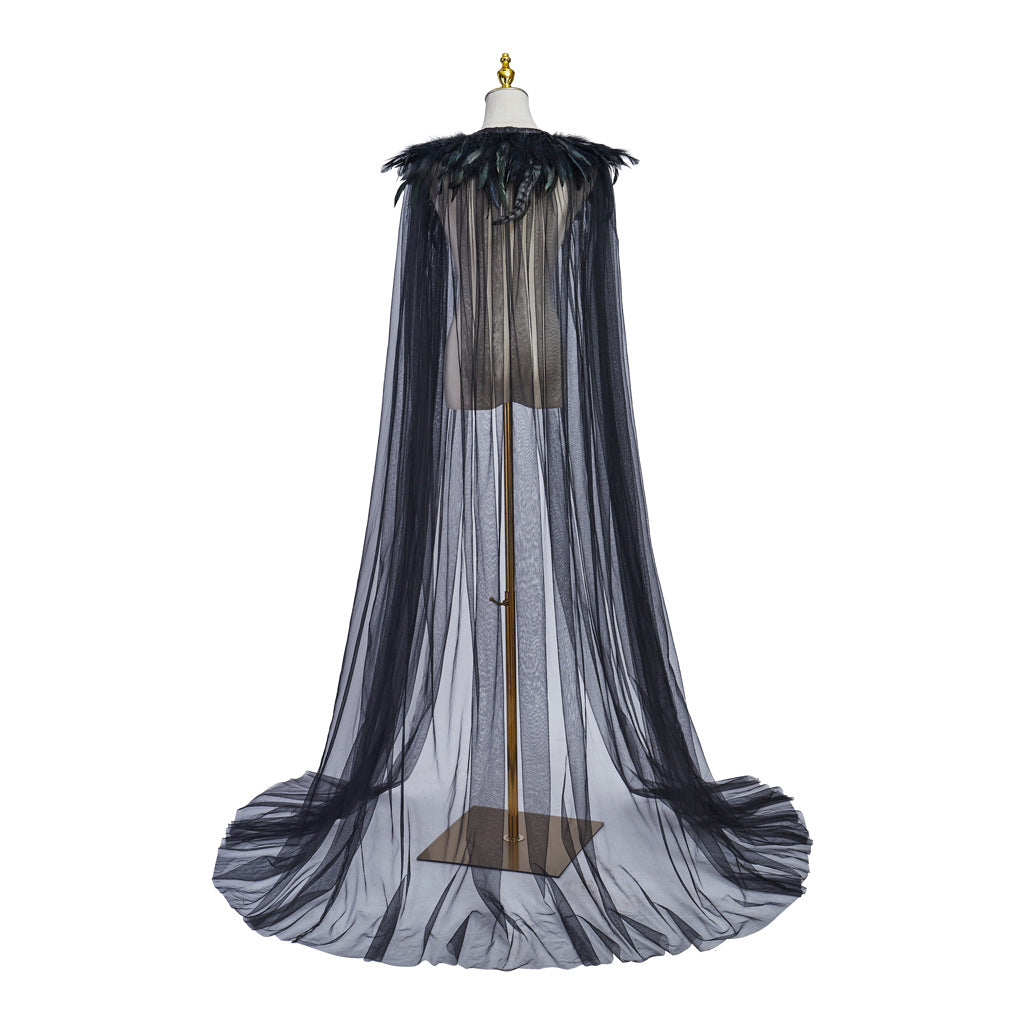 Halloween Feather Cloak Black Hair Collar Mesh Cloak Medium Long Skirt Stage Costume Performance Cloak