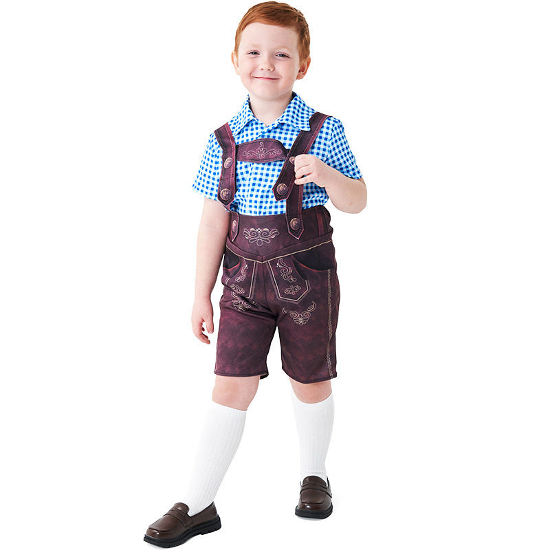 Halloween Costume for Boys, Three-Color Beer Outfit, Overalls with Plaid Shirt Set,Matching Socks
