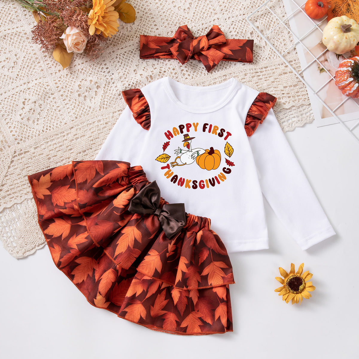 Halloween Theme Girls' Long Sleeve T-Shirt, Skirt Set, 3-Piece Festival Outfit