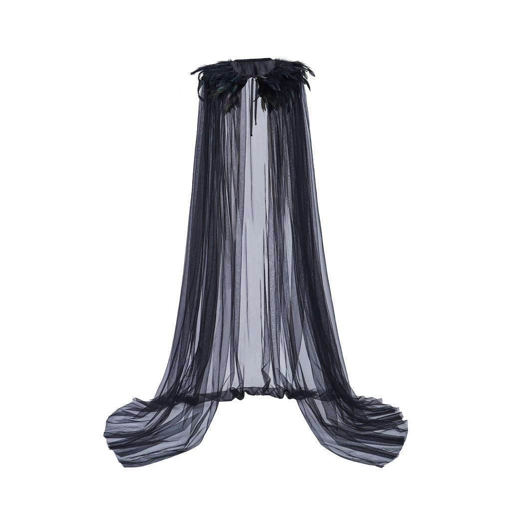 Halloween Feather Cloak Black Hair Collar Mesh Cloak Medium Long Skirt Stage Costume Performance Cloak
