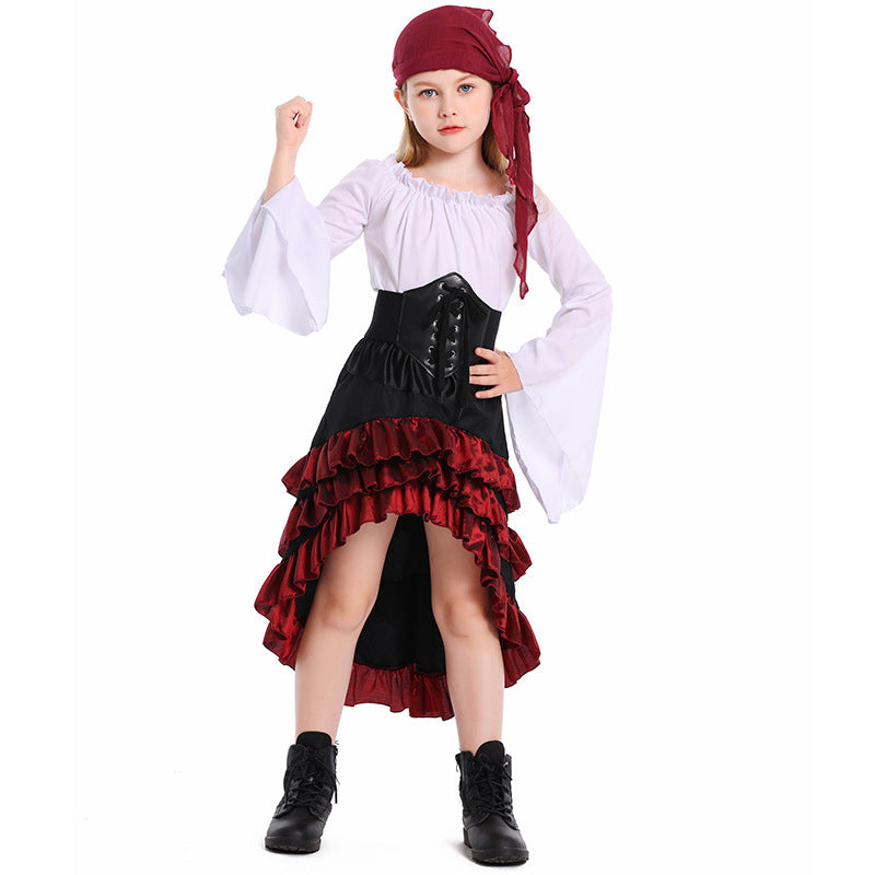 Halloween Costume Parent-Child Style Ruffled Medieval Girls' Clothing Front Short Back Long Performance Dress