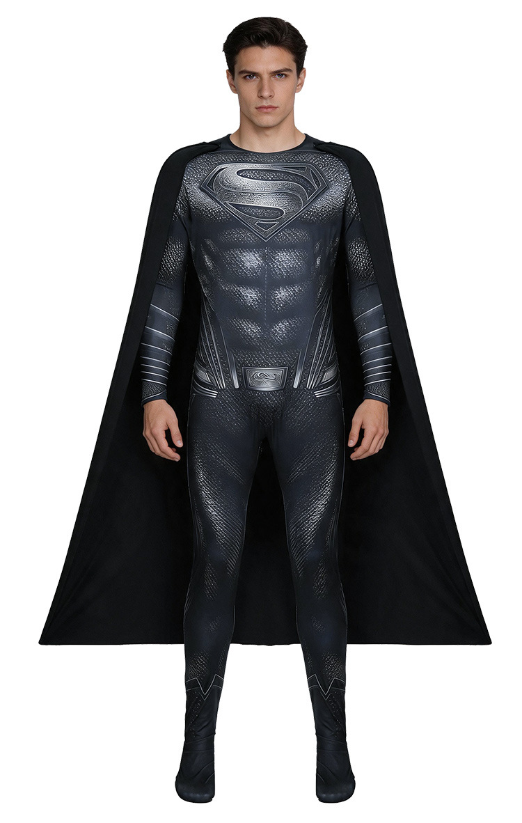 Superman Black Costume Cosplay Cape Halloween Printed Outfit Performance Suit Justice League Henry Jumpsuit