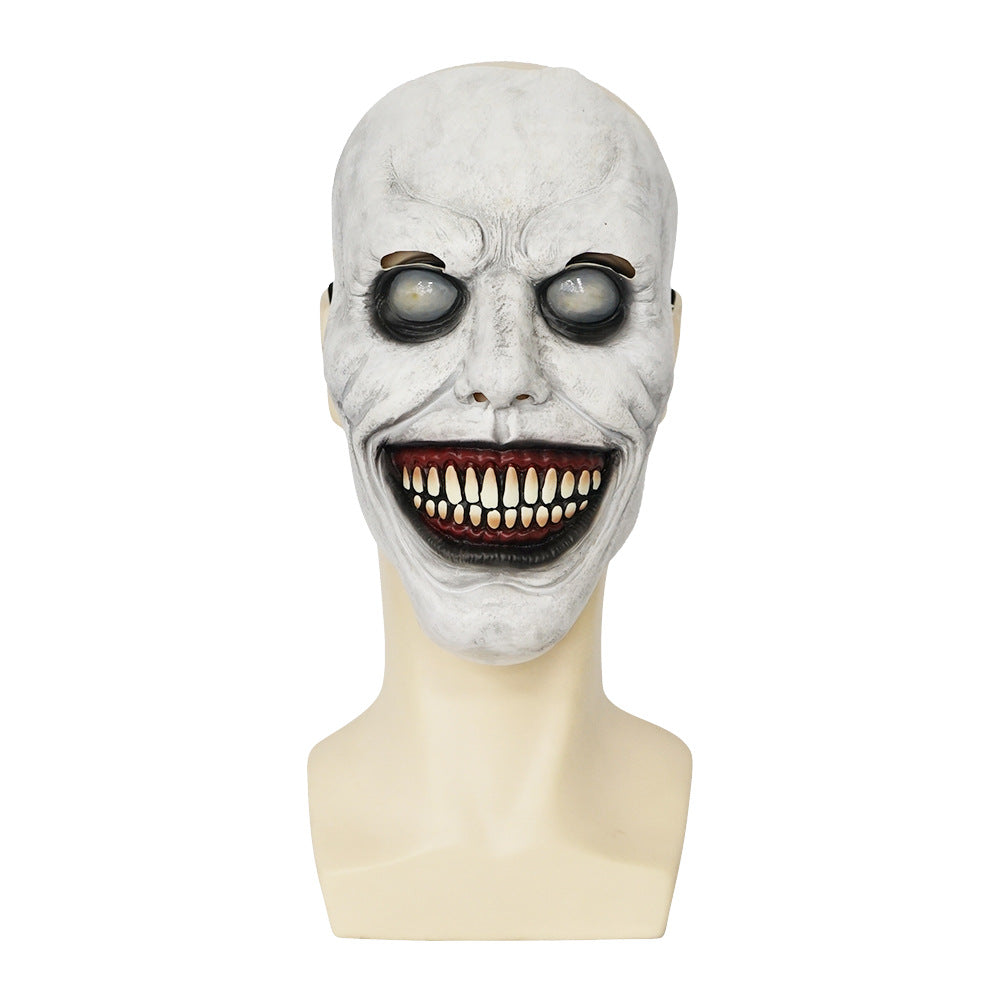 Halloween Horror Exorcist Smile Devil Latex Mask – White-Eyed Demon Headgear Cosplay Prop
