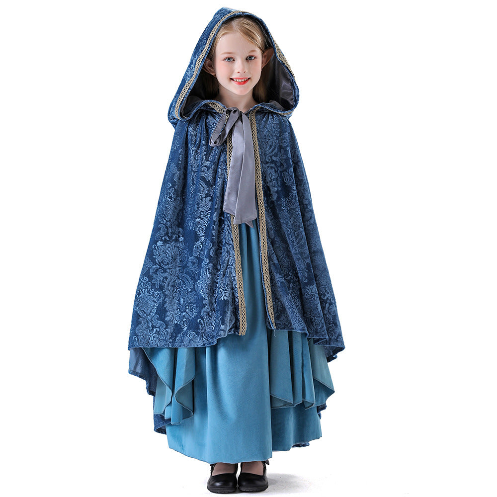 Halloween Children's Elf Princess Costume Dress with Cape Set Medieval Court Gown
