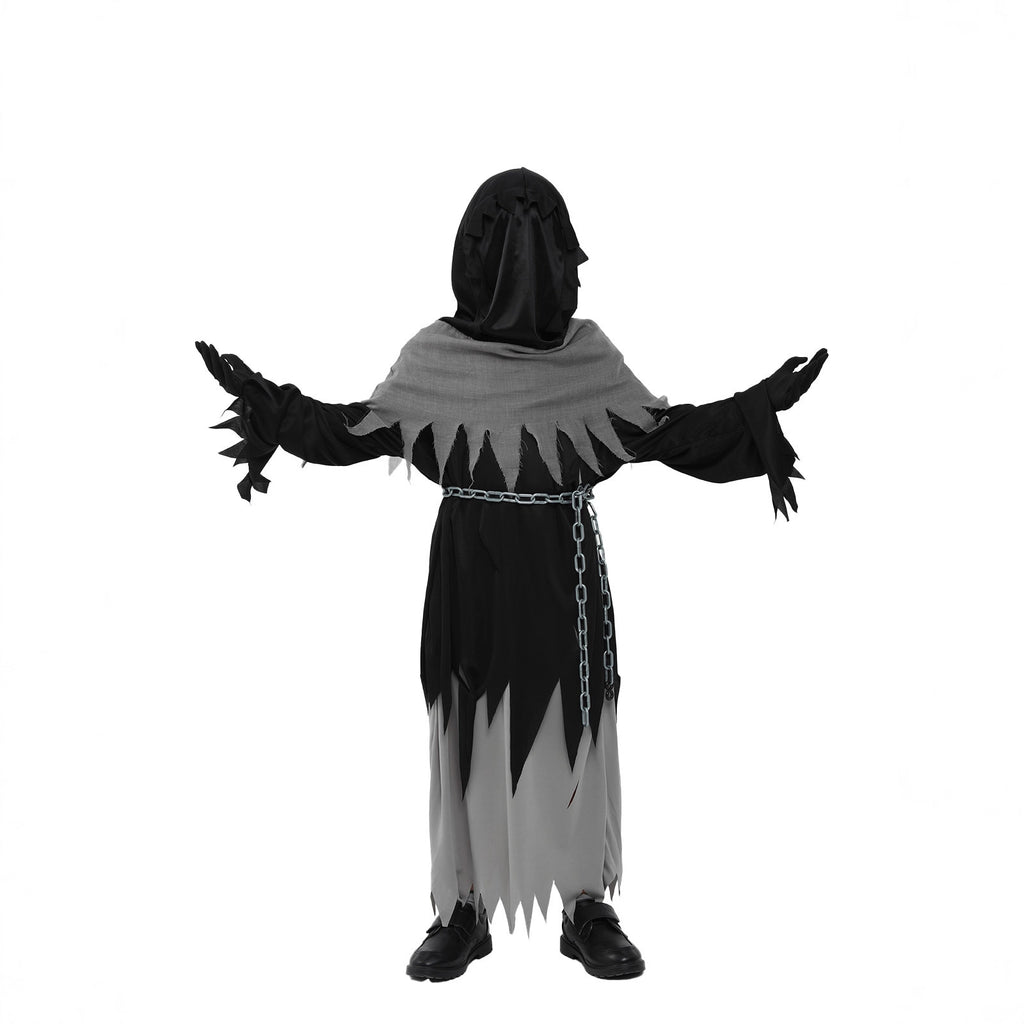Horror Grim Reaper Cosplay Costume for Kids, Halloween Monster Outfit with Scythe