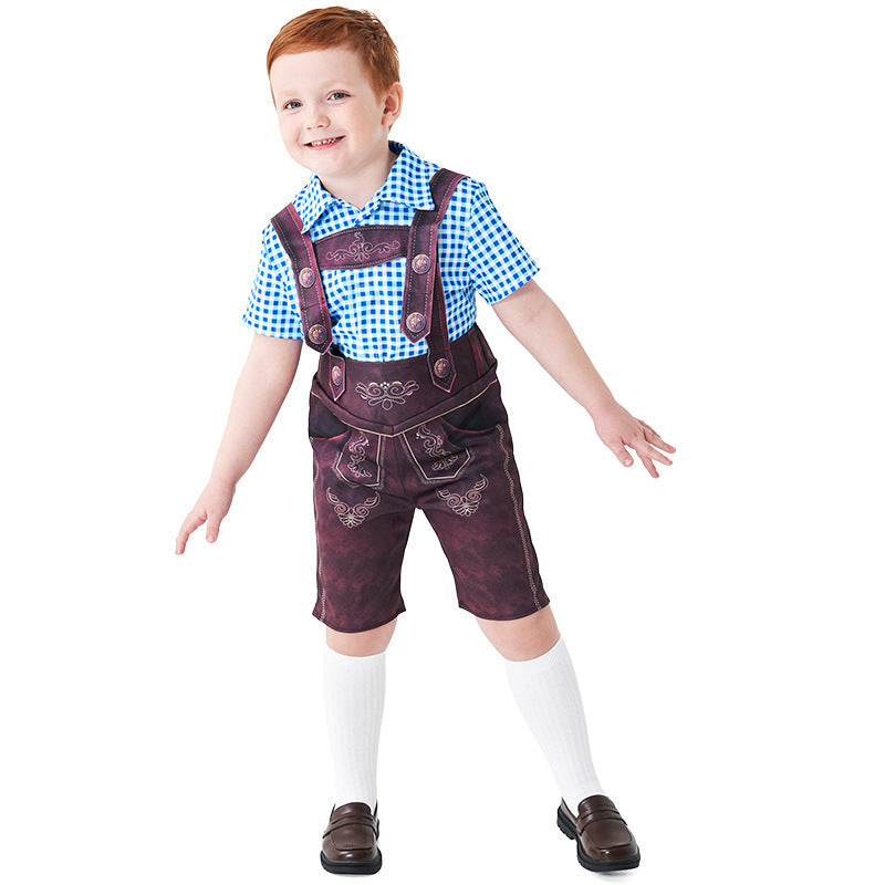 Halloween Costume for Boys, Three-Color Beer Outfit, Overalls with Plaid Shirt Set,Matching Socks