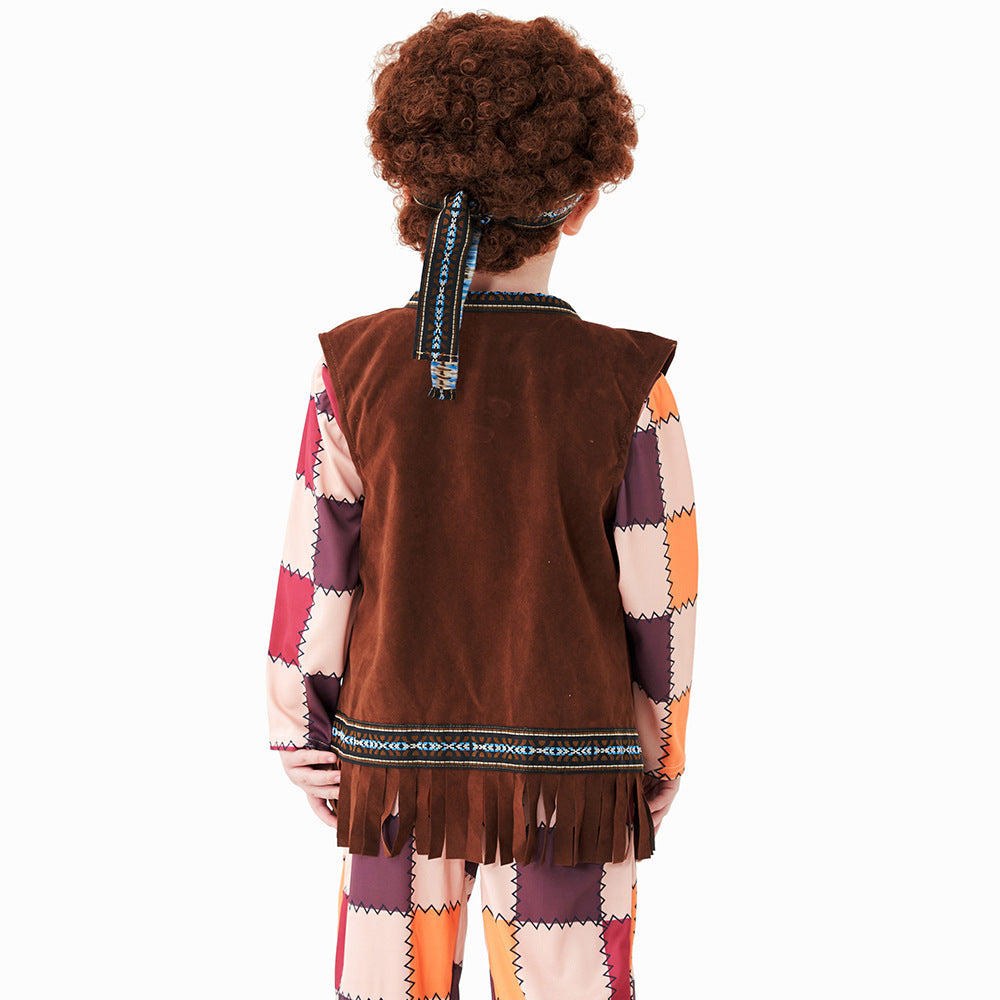 Halloween Kids Costume Vintage Plaid 70s Hippie Hip Hop Model Catwalk Performance Outfit
