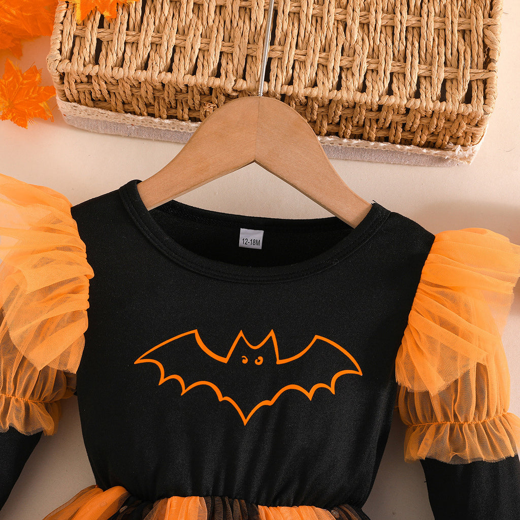 New Halloween Girls' Long Sleeve Dress with Bat, Pumpkin, Ghost Print Tulle Skirt