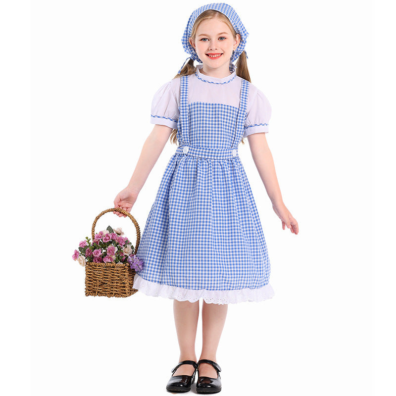 Halloween Costume for Girls Children Cosplay Dress Stage Drama Performance Costume Blue Checkered Skirt with Headscarf