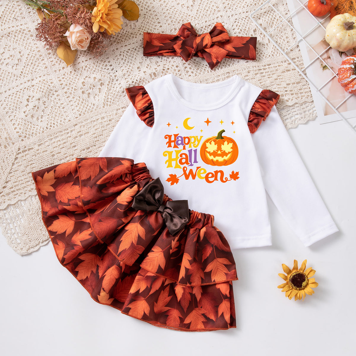 Halloween Theme Girls' Long Sleeve T-Shirt, Skirt Set, 3-Piece Festival Outfit