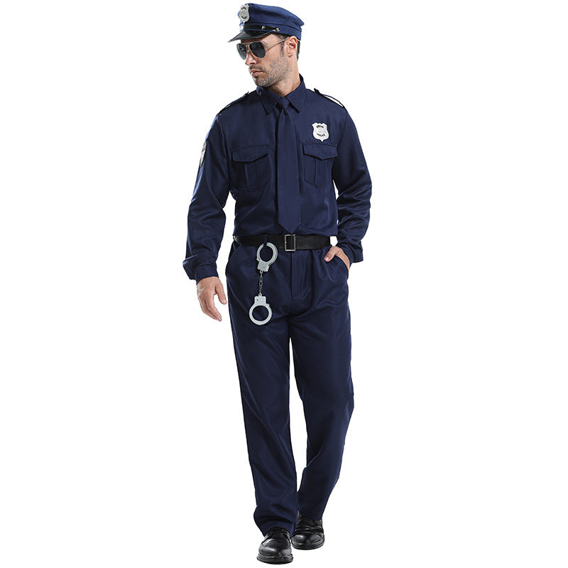 Halloween Party Costume Men's Police Hero Role Play Security Officer Uniform Set Detective Long Sleeve Shirt