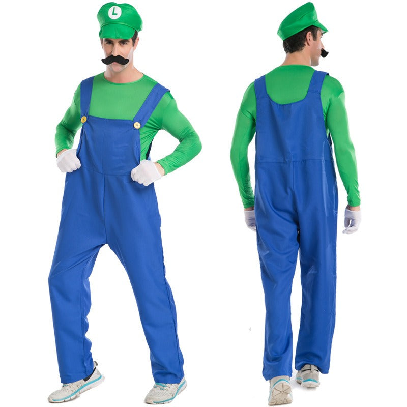 Adult Halloween Mario Cosplay Costume – Plumber Overalls Group Stage Performance Outfit