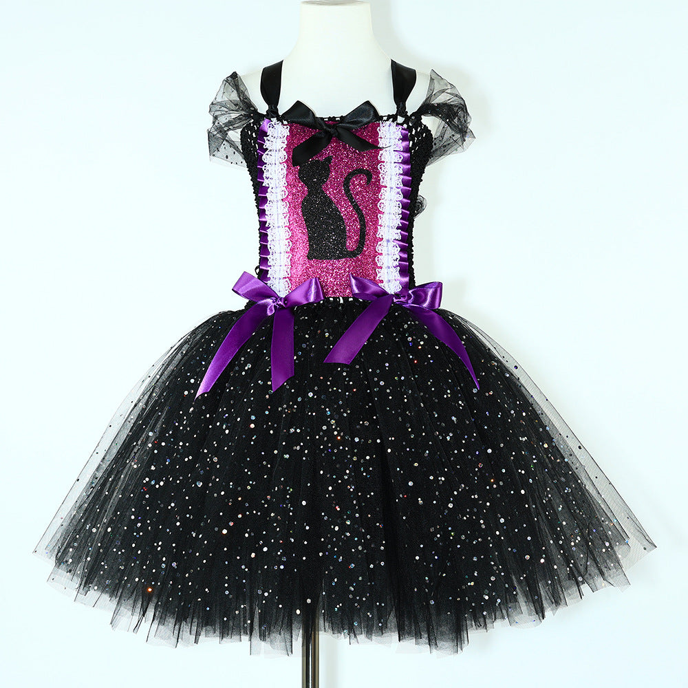 Halloween Costume Children's Cat Dress Sequin Black Cat Tutu Dress Girls Tulle Puffy Dress Kids Clothing