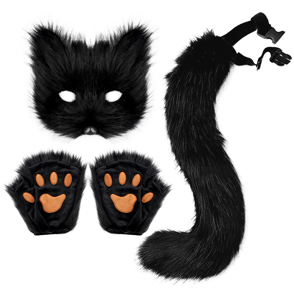 Halloween Fox Cosplay Accessory Set – Simulation Mask Gloves and Plush Fox Tail Props
