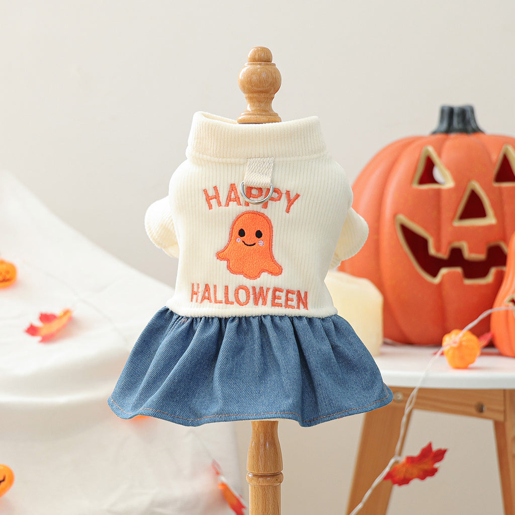 Pet Clothing Cute Halloween Ghost Dress for Small Dogs and Cats, Warm Autumn and Winter Apparel