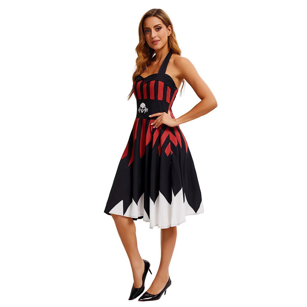 Cute Skull Pirate Halloween Printed Strap Dress for Women Stage Performance