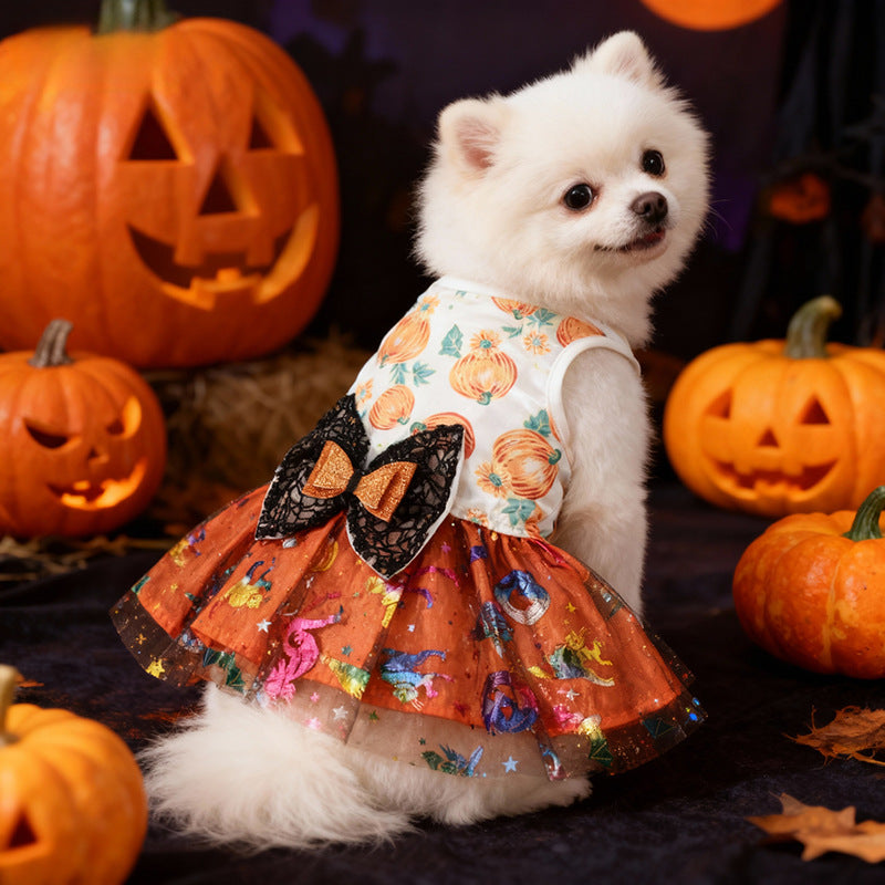 Halloween Pet Dog Cat Costume Mesh Pumpkin Dress for Medium and Small Dogs